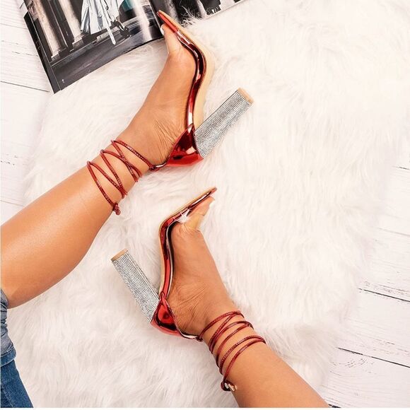Red High Heels Sandals with Rhinestone Block Heel & Strappy Adjustable Ankle - Picture 1 of 10